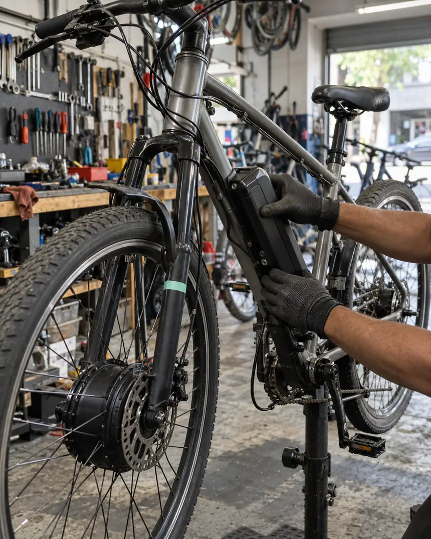 Mecânico instalando a bateria de um kit de conversão no quadro de uma bike com motor na roda dianteira