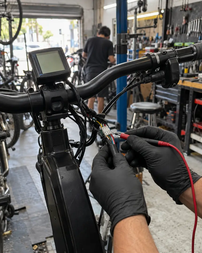 Mãos com luvas medindo com multímetro o conector do painel de uma bike elétrica