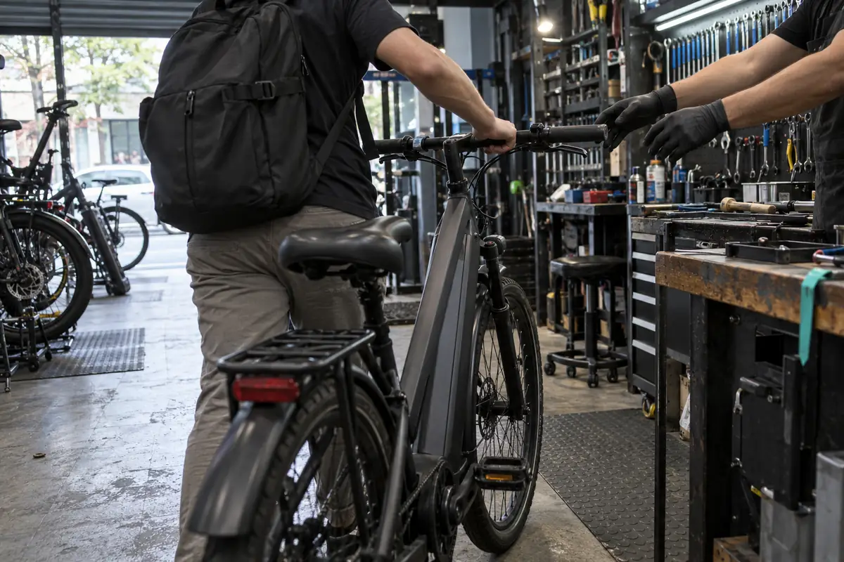 Cliente de costas entregando a bike elétrica no balcão da oficina