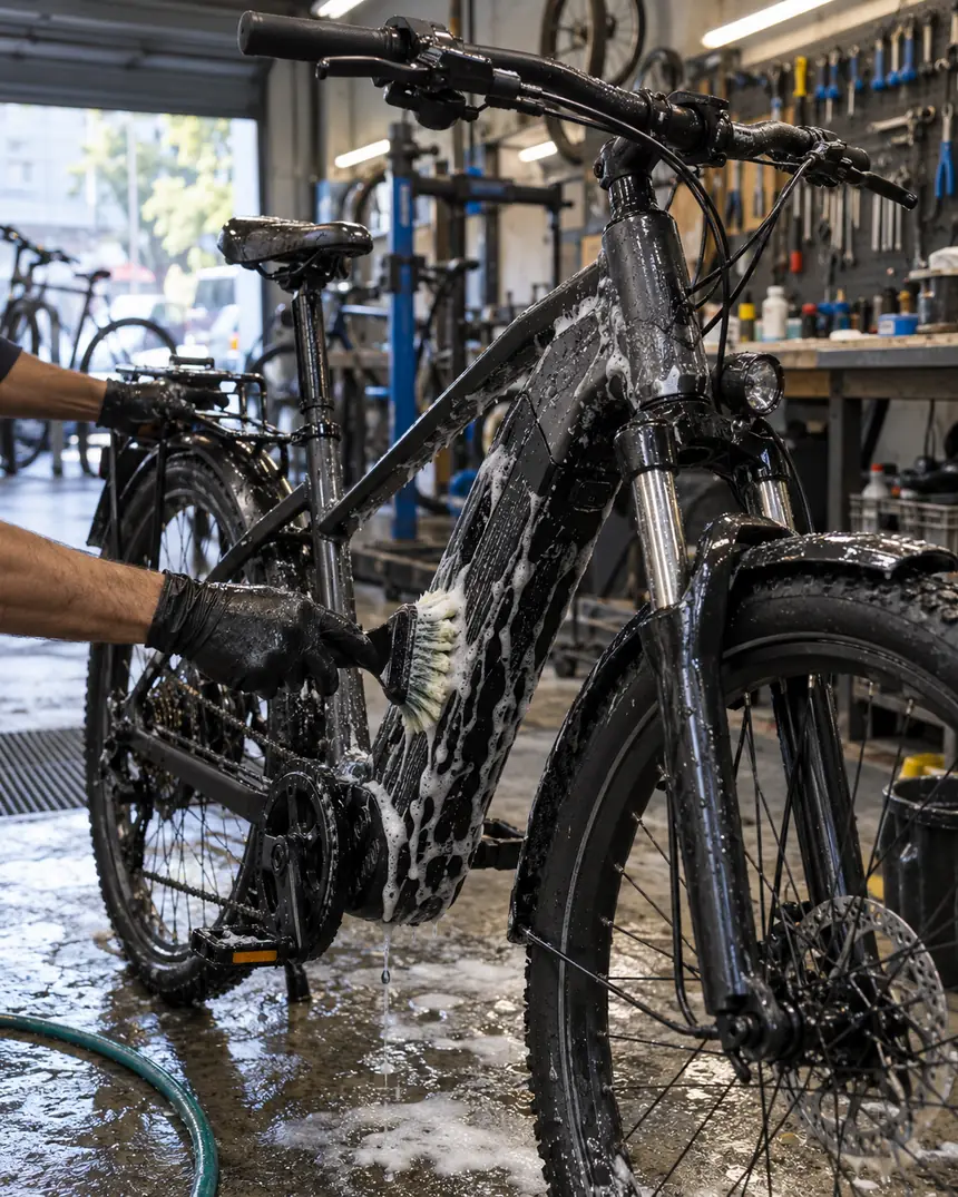 Bike elétrica coberta de espuma sendo lavada com escova na oficina