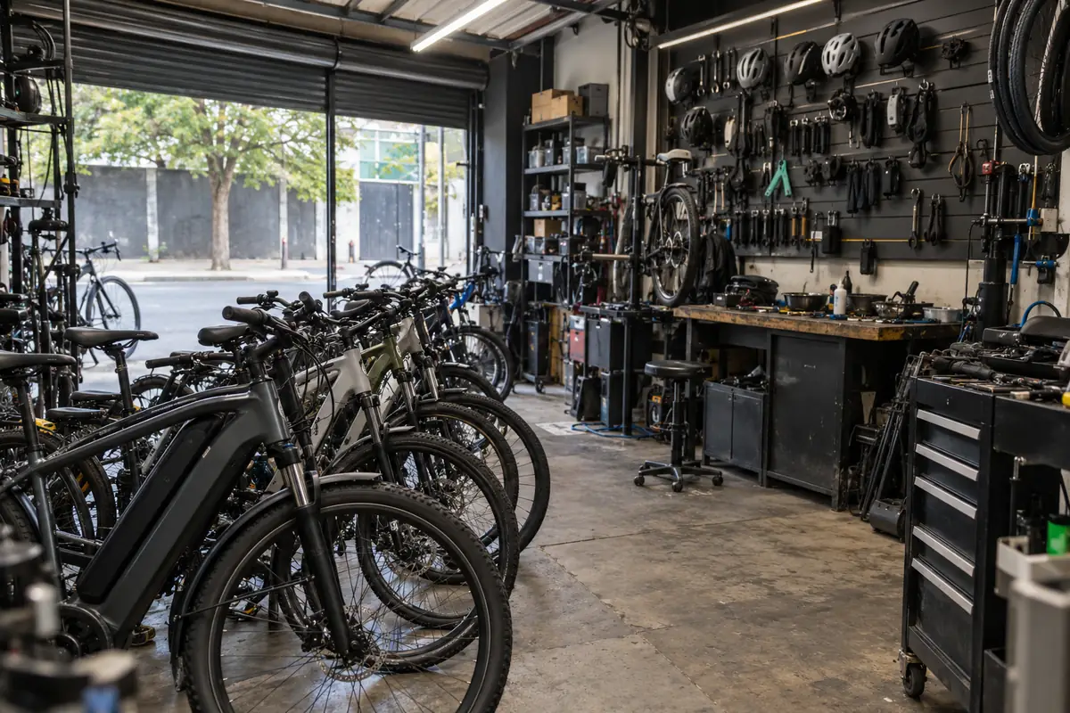 Loja de bicicletas com bikes e bikes elétricas expostas em fila e a bancada da oficina ao fundo