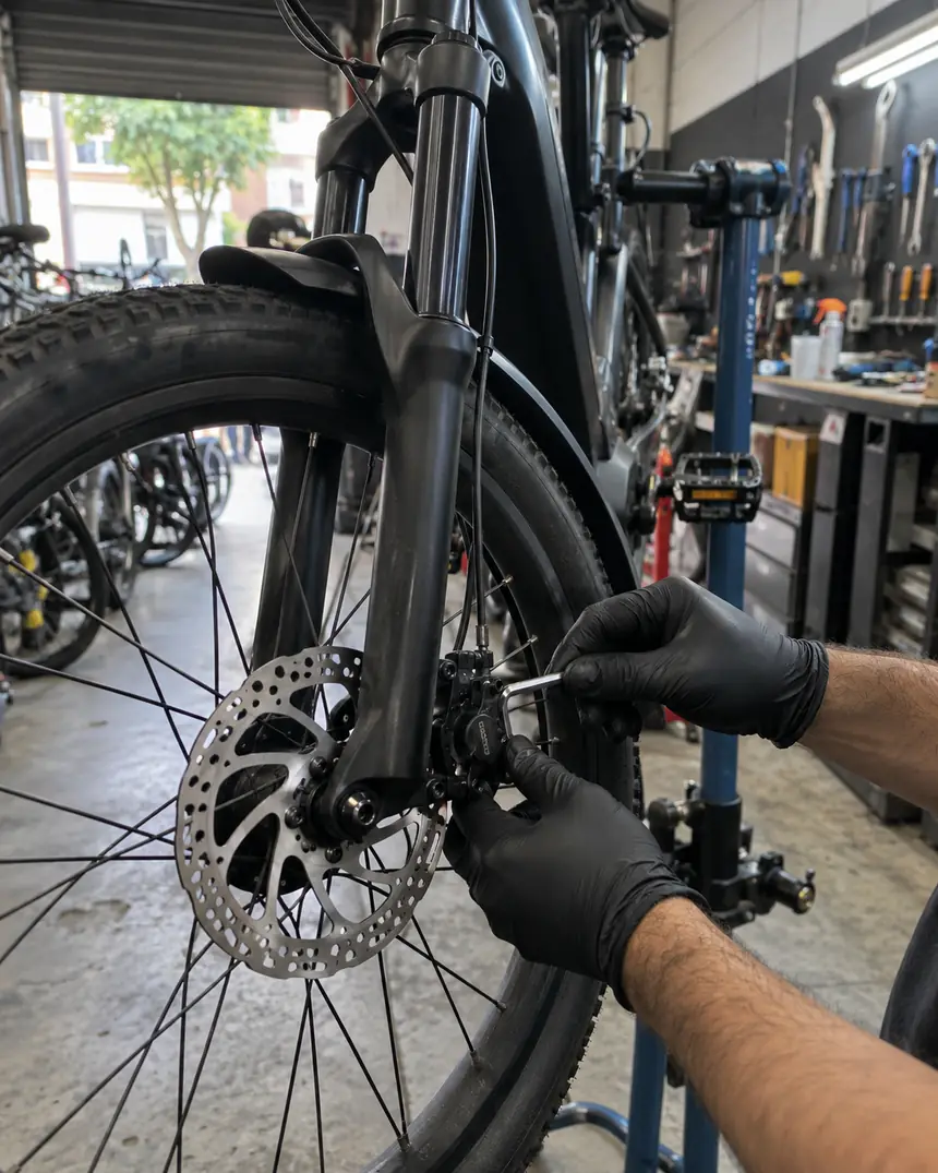 Mãos com luvas ajustando o freio a disco da roda dianteira de uma bike elétrica no suporte da oficina