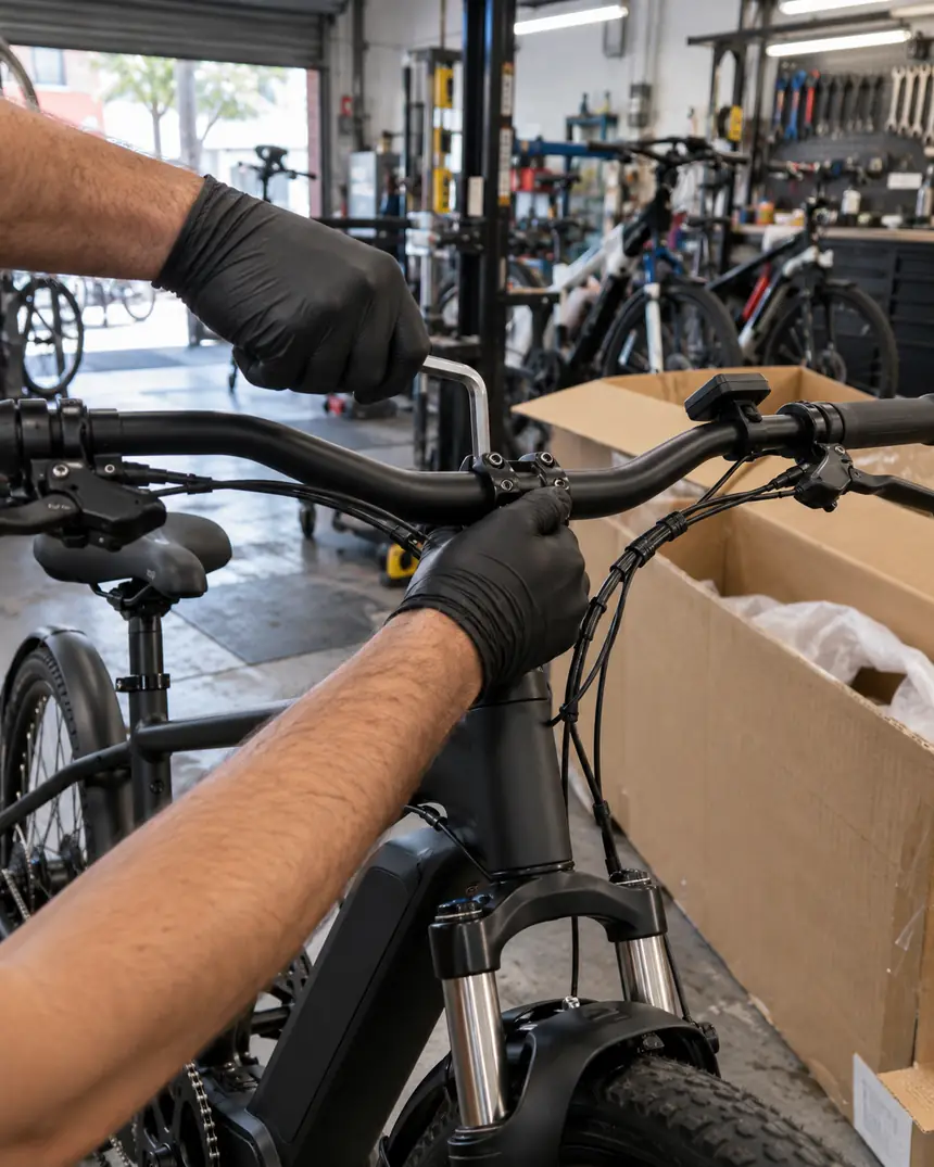 Mãos encaixando o guidão de uma bike elétrica recém-tirada da caixa na oficina