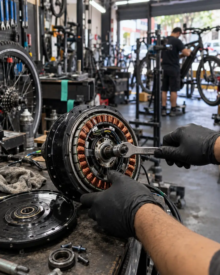 Motor de cubo de bike elétrica aberto na bancada, com as bobinas à mostra, durante a manutenção